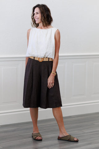 100% Linen Wide Leg Bermuda Shorts in Chocolate