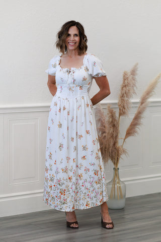 Ivory Floral Puff Sleeve Smocked Midi Dress