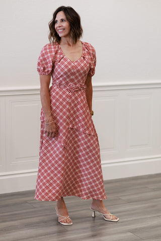 Short Sleeve V-Neck Midi Dress with Square Buckle Belt – by Zoe & Claire