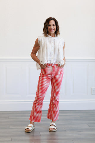 High Rise Tonal Crop Flare Jeans in Red Gingham
