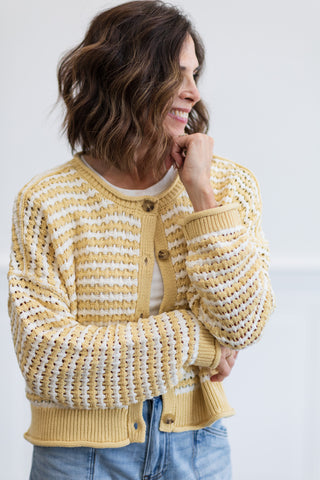 Textured Stripe Crochet Knit Button Down Cardigan
