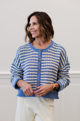 Textured Stripe Crochet Knit Button Down Cardigan in Dusty Blue