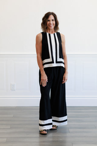 Contrast Trim Detailed Tank & Wide Pants Set in Black & White