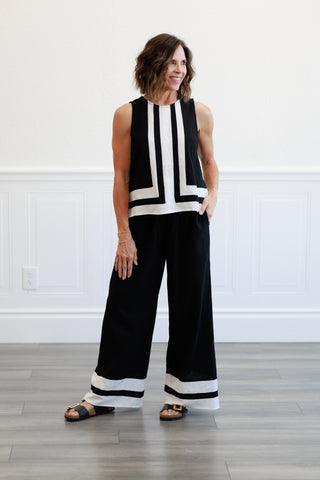 Contrast Trim Detailed Tank & Wide Pants Set in Black & White