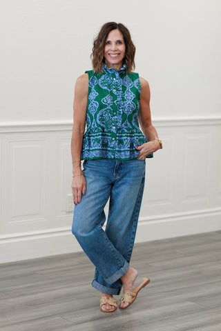 Paisley Eyelet Peplum Top in Multicolor Green