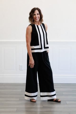Contrast Trim Detailed Tank & Wide Pants Set in Black & White