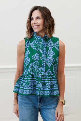 Paisley Eyelet Peplum Top in Multicolor Green