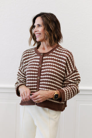 Textured Stripe Crochet Knit Button Down Cardigan in Chocolate