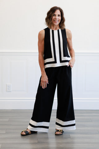Contrast Trim Detailed Tank & Wide Pants Set in Black & White