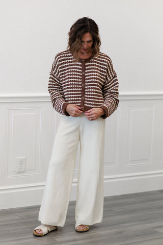 Textured Stripe Crochet Knit Button Down Cardigan in Chocolate
