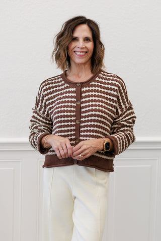 Textured Stripe Crochet Knit Button Down Cardigan in Chocolate