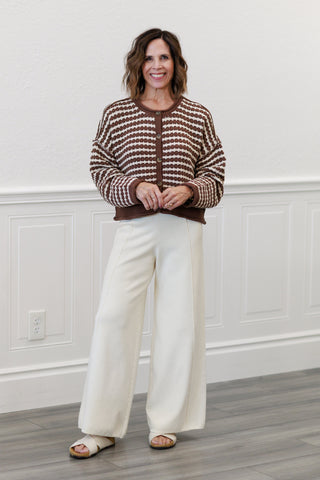 Textured Stripe Crochet Knit Button Down Cardigan in Chocolate