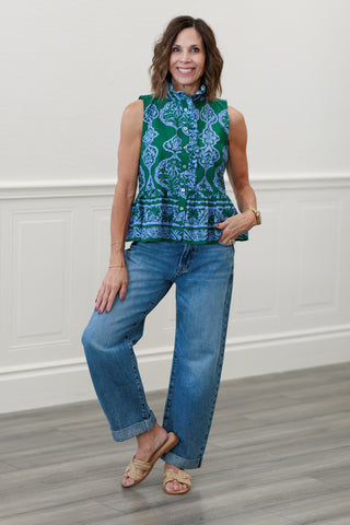 Paisley Eyelet Peplum Top in Multicolor Green