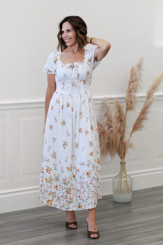 Ivory Floral Puff Sleeve Smocked Midi Dress