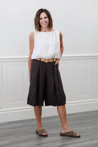 100% Linen Wide Leg Bermuda Shorts in Chocolate