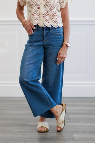 Super Soft Medium Wash High Waist Wide Leg Crop Jeans