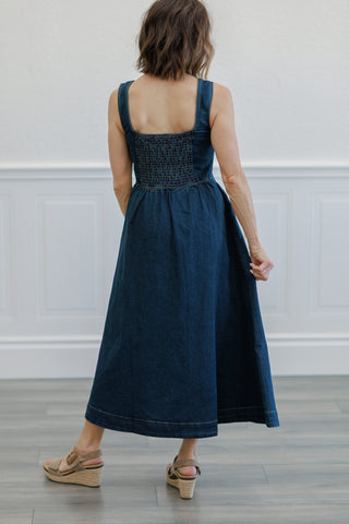 Dark Wash Denim Square Neck Button Front Midi Dress