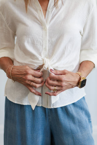 Linen Blend Tie Front Button Down Shirt in Off White