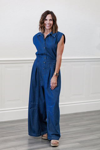 Mineral Washed Denim Wide-Leg Jumpsuit