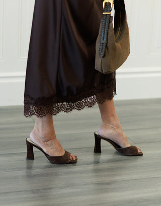 Satin Lace Hem Back Slit Pencil Midi Skirt in Brown