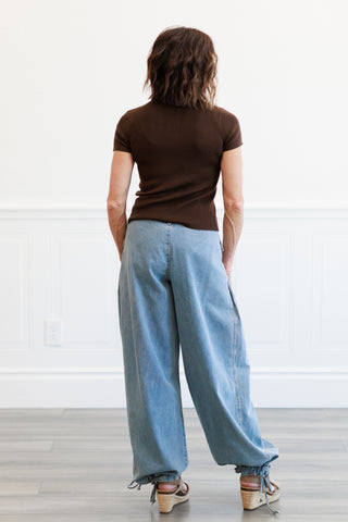 Ribbed Button Front Top in Brown