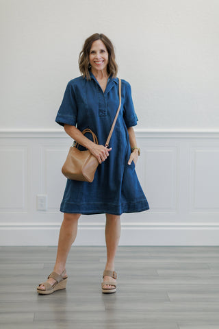 Medium Wash Open Collar Denim Mini Dress