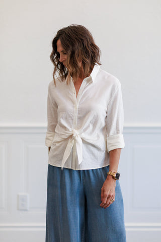 Linen Blend Tie Front Button Down Shirt in Off White