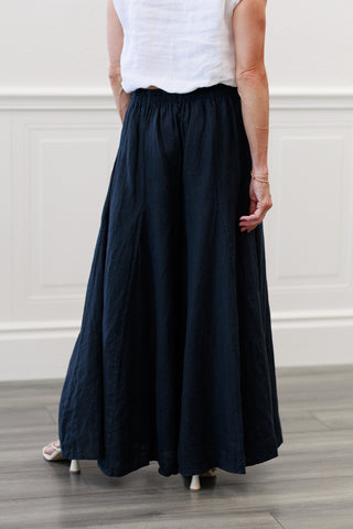 100% Italian Linen A-Seam Wide Leg Palazzo Pants in Navy