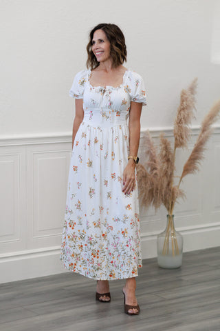 Ivory Floral Puff Sleeve Smocked Midi Dress