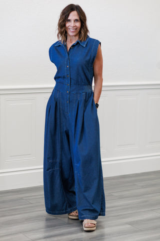 Mineral Washed Denim Wide-Leg Jumpsuit