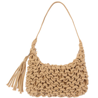 Knotted Woven Tassel Shoulder Bag in Khaki
