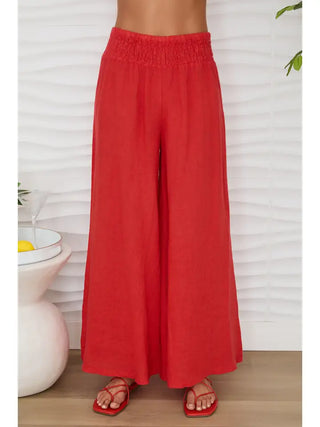 Linen Smocked Waist Palazzo Pants in Red Flame