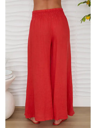 Linen Smocked Waist Palazzo Pants in Red Flame