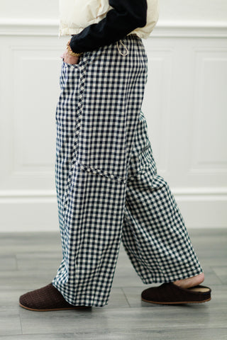 Navy Gingham Cotton Barrel Pants