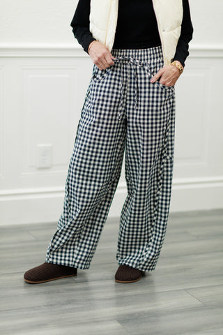 Navy Gingham Cotton Barrel Pants