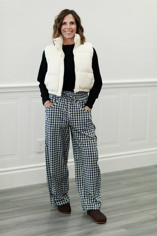 Navy Gingham Cotton Barrel Pants