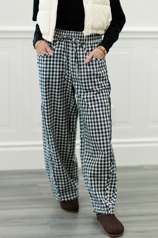 Navy Gingham Cotton Barrel Pants