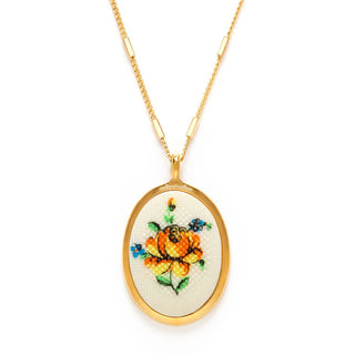 Needlepoint Flower Vintage Cameo Necklace