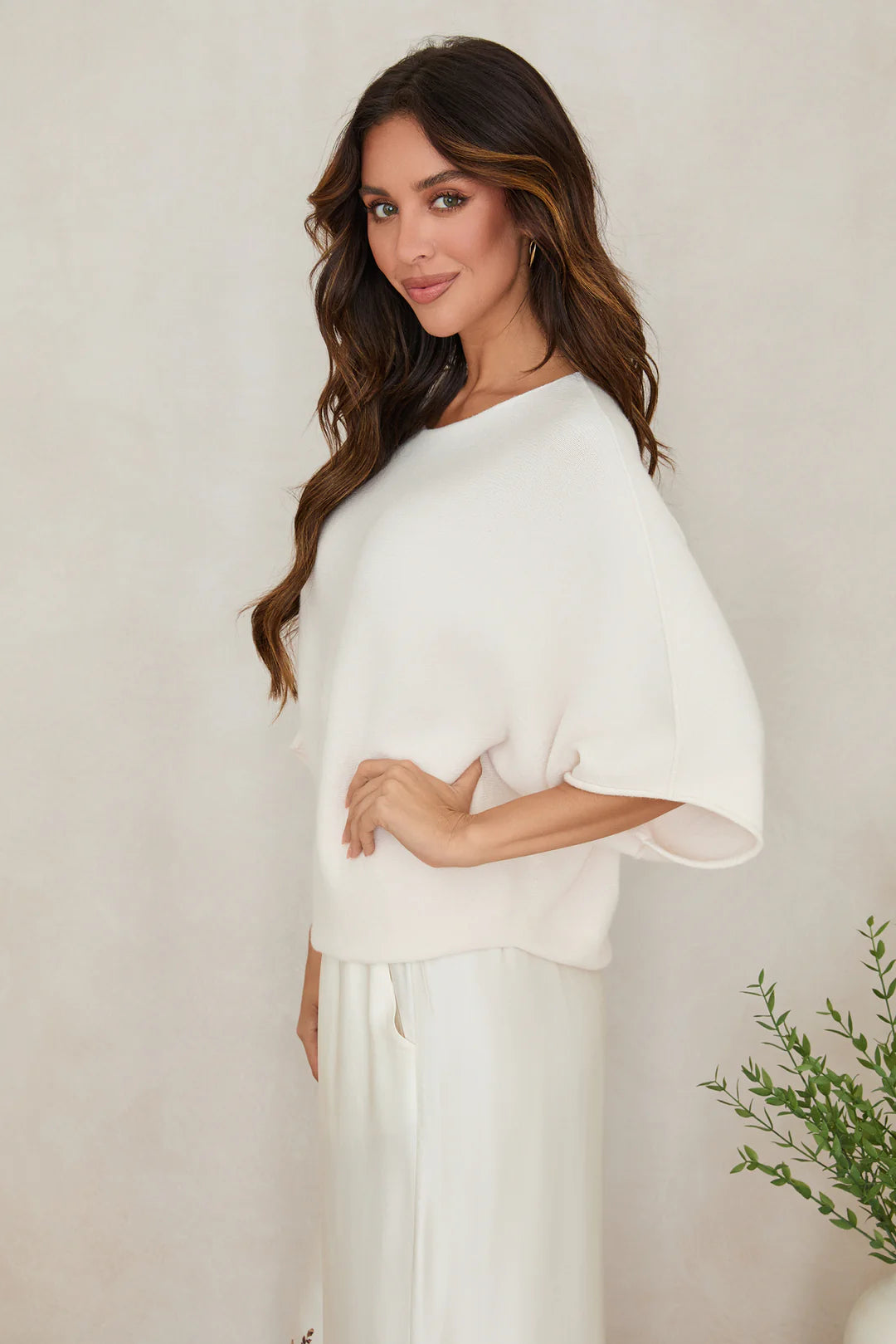 Crew Neck Batwing Sleeve Knit Top in Ivory