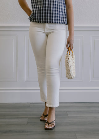Double Button Straight Jeans in Off White