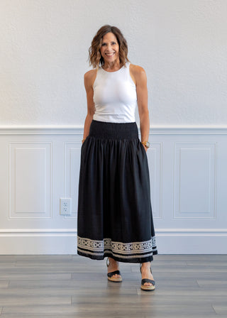 Black Embroidered Hem Maxi Skirt