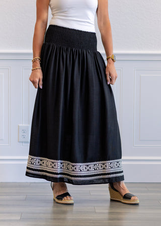 Black Embroidered Hem Maxi Skirt