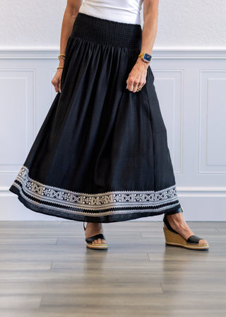 Black Embroidered Hem Maxi Skirt