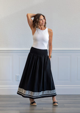 Black Embroidered Hem Maxi Skirt