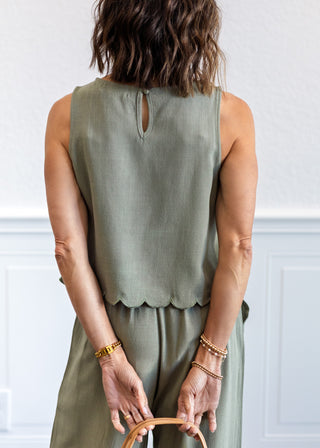 Linen Blend Scallop Tank Top in Sage