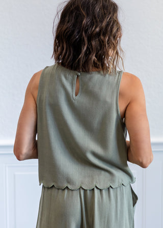 Linen Blend Scallop Tank Top in Sage