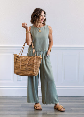 Linen Blend Scallop Tank Top in Sage