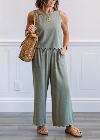 Linen Blend Scallop Tank Top in Sage