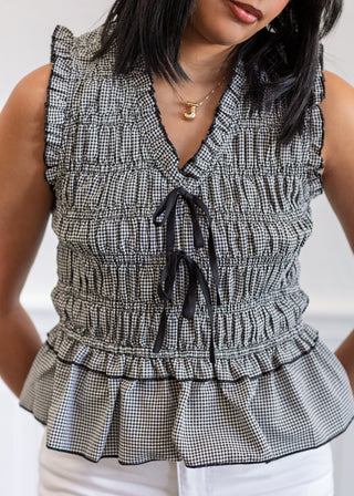 Mini Gingham Peplum Top in Black