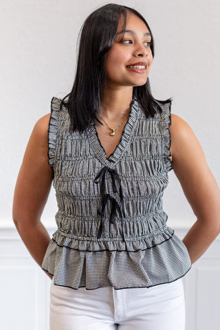 Mini Gingham Peplum Top in Black